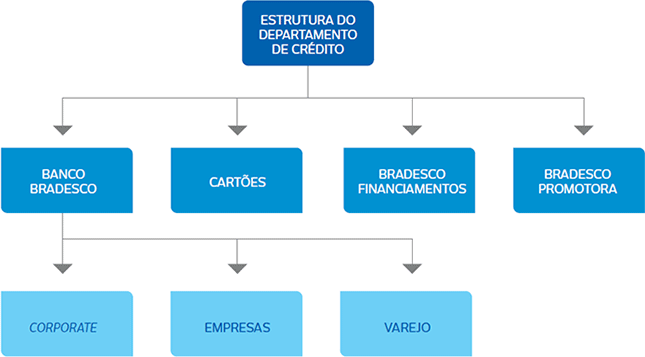 Fluxograma ESTRUTURA DO
DEPARTAMENTO DE CRÉDITO. Item BANCO BRADESCO com 3 sub-itens: CORPORATE, EMPRESAS e VAREJO. Item CARTÕES. Item BRADESCO FINANCIAMENTOS. Item BRADESCO CARTÕES PROMOTORA