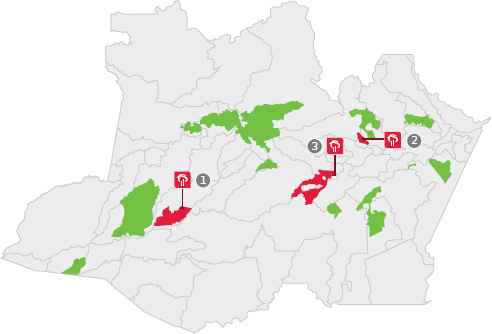 Legend: 1 Uacari Sustainable Development Reservation (Bauana) 2 Rio Negro Sustainable Development Reservation (Tumibira) 3 Piagaçu-Purus Sustainable Development Reservations (Cuiuanã))