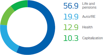 NET INCOME (%): Life and pensions: 56.9%, Auto/RE: 19.9%, Health: 12.9%, Capitalization: 10.3%.